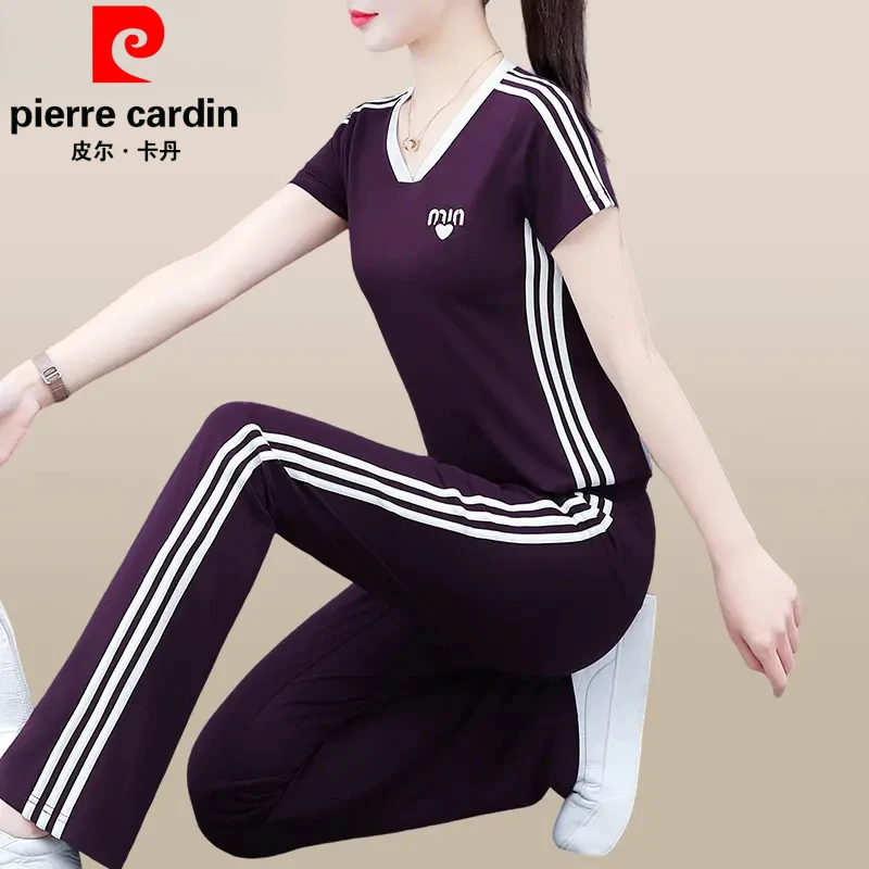 宽松皮尔卡丹女士运动套装妈妈夏装2025新款洋气速干V领T恤两件套