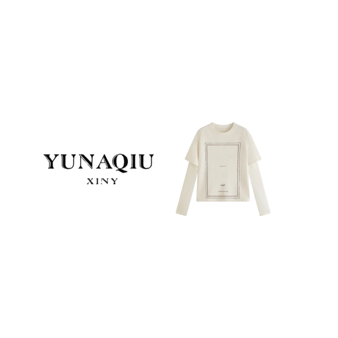 YUNAQIU-T恤时尚长袖宽松型白色假两件-9794