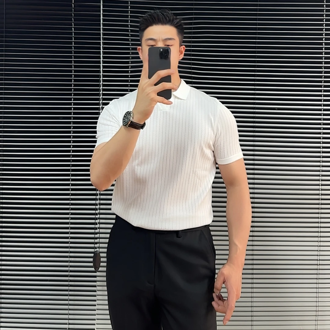 高品质海鸥领POLO衫男透气镂空夏季条纹针织翻领T恤轻奢休闲夏装