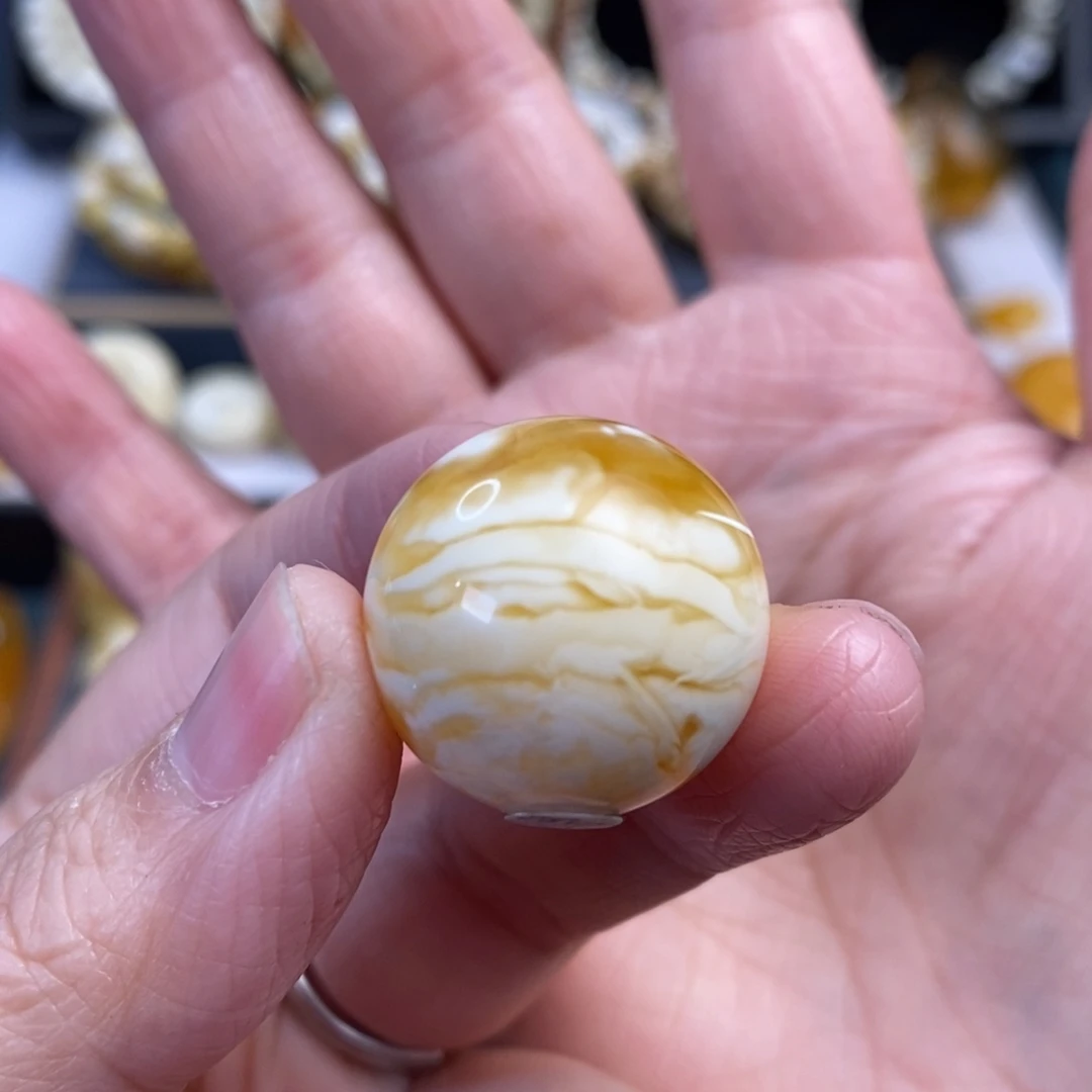 蜜蜡未镶嵌裸石金瓷白溶洞虎皮纹圆珠单珠21.7