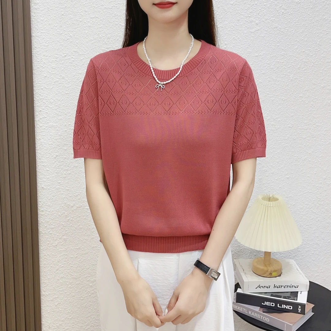 100%天丝（莱塞尔纤维）菱格镂空针织衫短袖女夏季宽松百搭t恤上衣