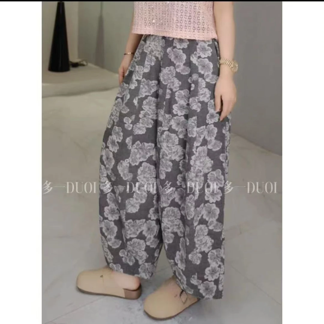 多一“灰玫瑰”2025新款高腰半松紧复古慵懒风垂感透气宽松提花裤