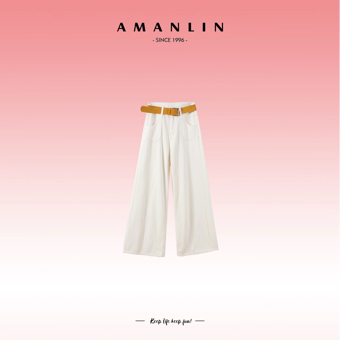 AMANLIN/阿謾琳简约欧若风显瘦高级白色高腰休闲风牛仔裤F595725