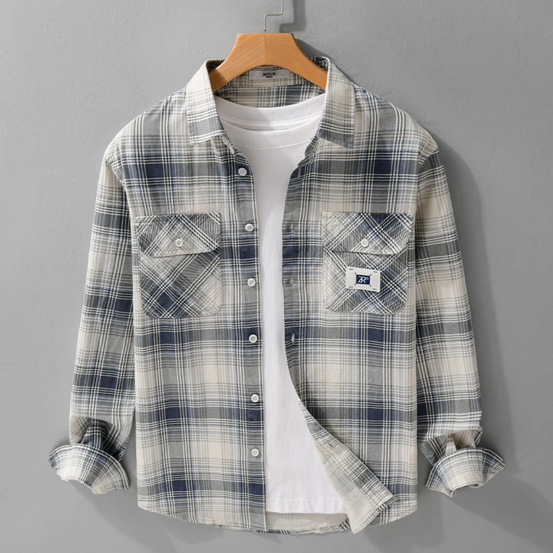 格子工装长袖衬衫男春季日系复古双口袋休闲衬衣外套宽松设计上衣