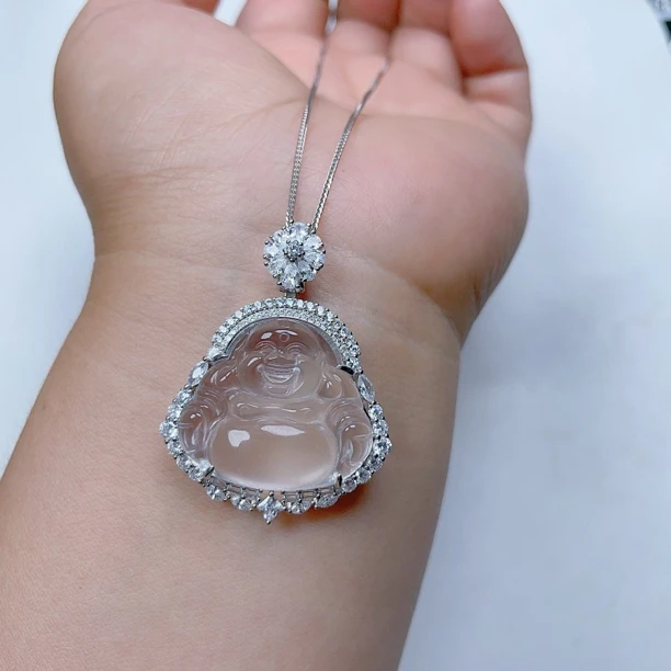 S925银镶嵌珠宝石英质玉水沫佛公吊坠项链锁骨链国风女吊坠