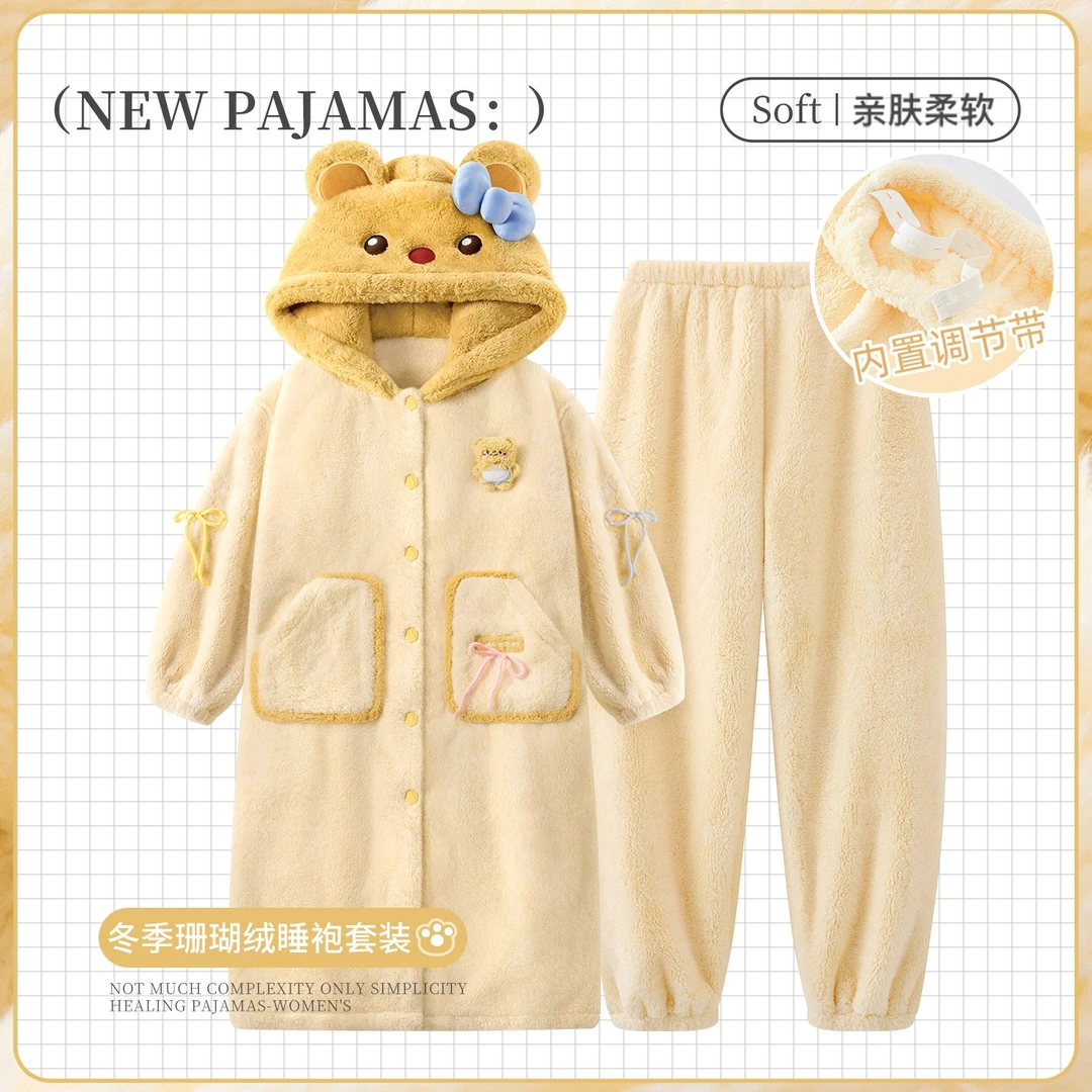 秋冬季睡衣女加厚加绒产后孕妇月子服珊瑚绒法兰绒睡袍家居服套装