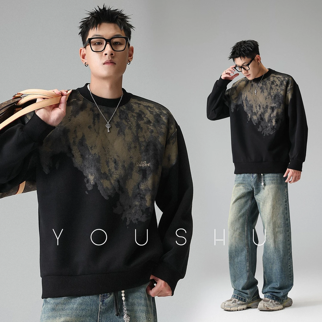 有术刺绣扎染圆领套头卫衣男秋季重磅美式潮牌大码宽松设计感外套