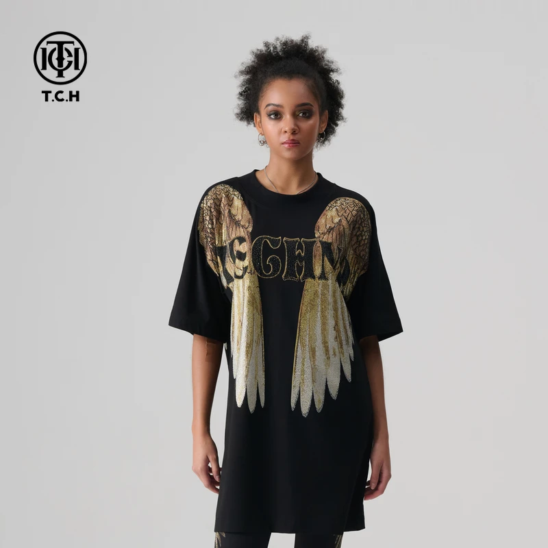 TCH2025轻奢夏季新款烫钻圆领宽松长款T恤连衣裙T72B306028