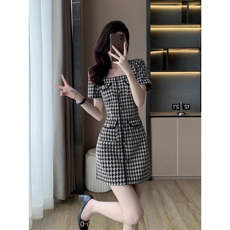 0629格子连衣裙女夏季新款小个子高级收腰修身小香风气质短款裙子