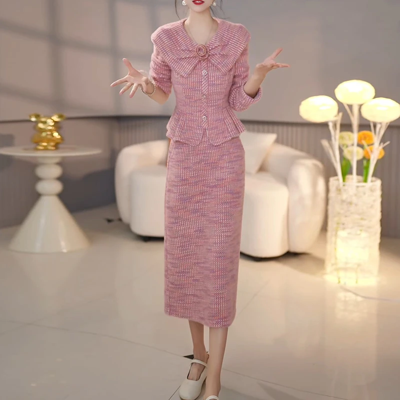 高级雪花绒时尚洋气上衣半身裙两件套礼服裙2025冬季新款保暖套装