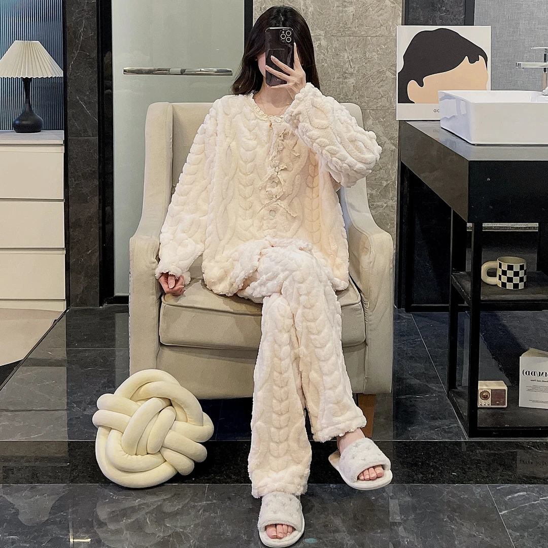 韩系ins睡衣女款冬季加绒加厚杏色花边宽松保暖珊瑚绒家居服套装