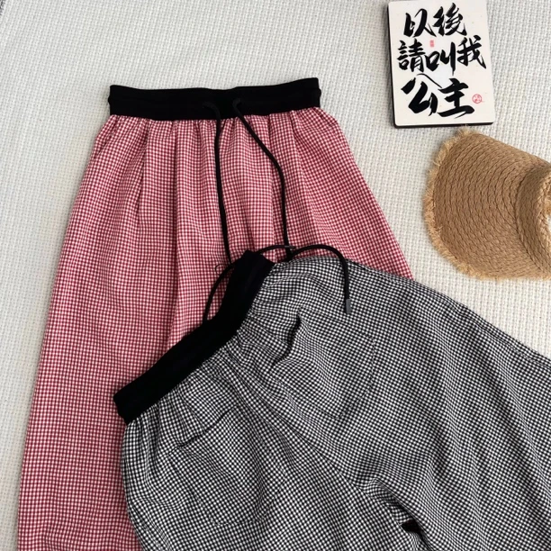 ［巧巧定制］新款韩版百搭修身显瘦女时尚松紧腰抽绳格子休闲裤6511