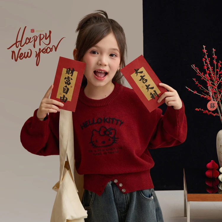女童卡通针织衫2025秋冬新款中大童加厚KT猫弹力上衣