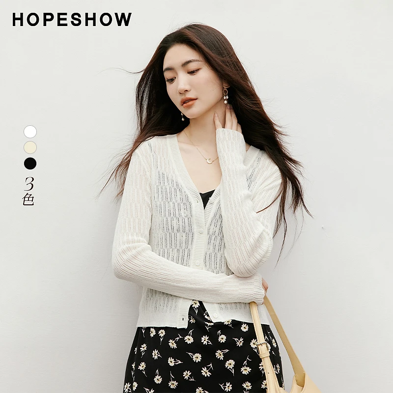 红袖2025夏季新款女装 纯色肌理感单排扣V领针织开衫90125110108