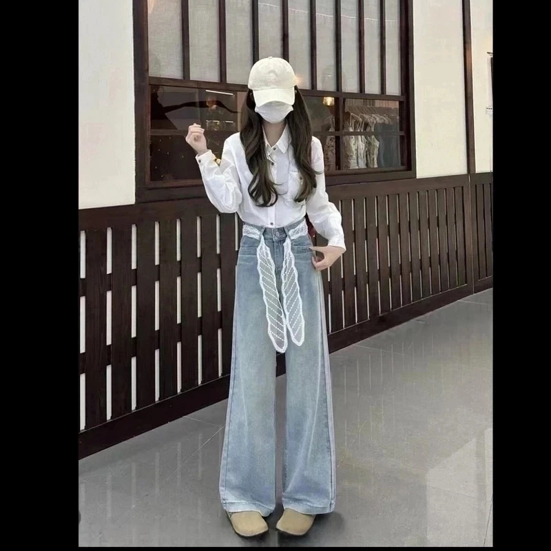 【送蕾丝腰带】2025夏款冰川蓝窄版阔腿无弹高腰软牛仔显高显瘦垂感