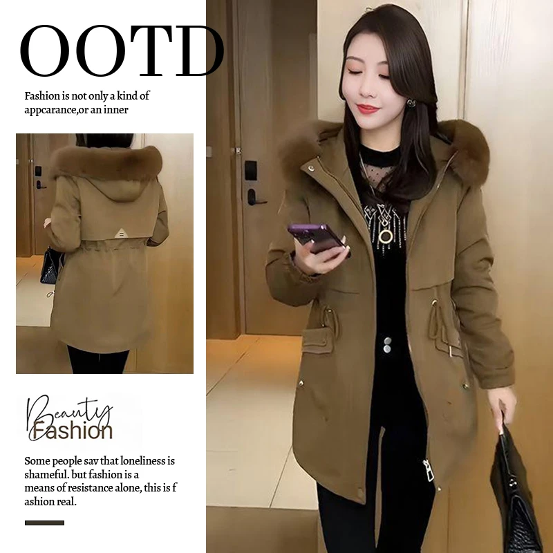 时尚洋气连帽派克外套女2025年冬季新款小个子毛领保暖中长款棉服