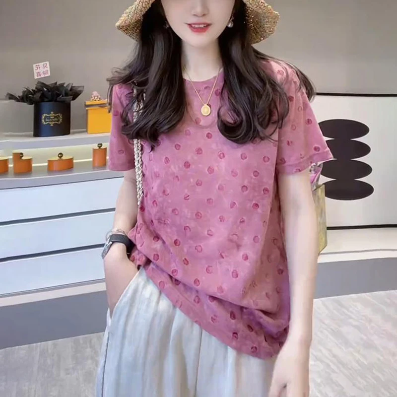 韩系波点圆领设计感T恤2025夏季新款淑女洋气遮肉显瘦防晒上衣潮