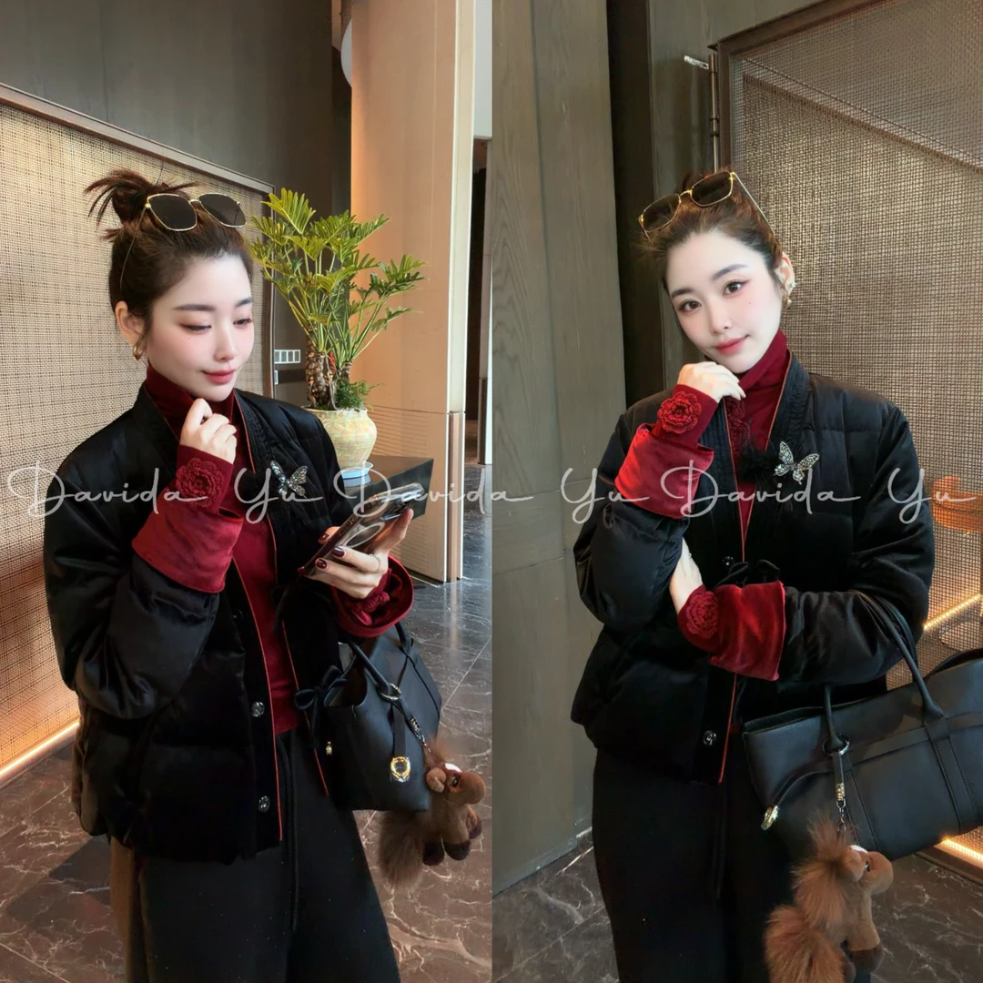 Davida Yu【V领丝绒】高端丝绒保暖战袍三星鹅绒服外套汉服C桂88688