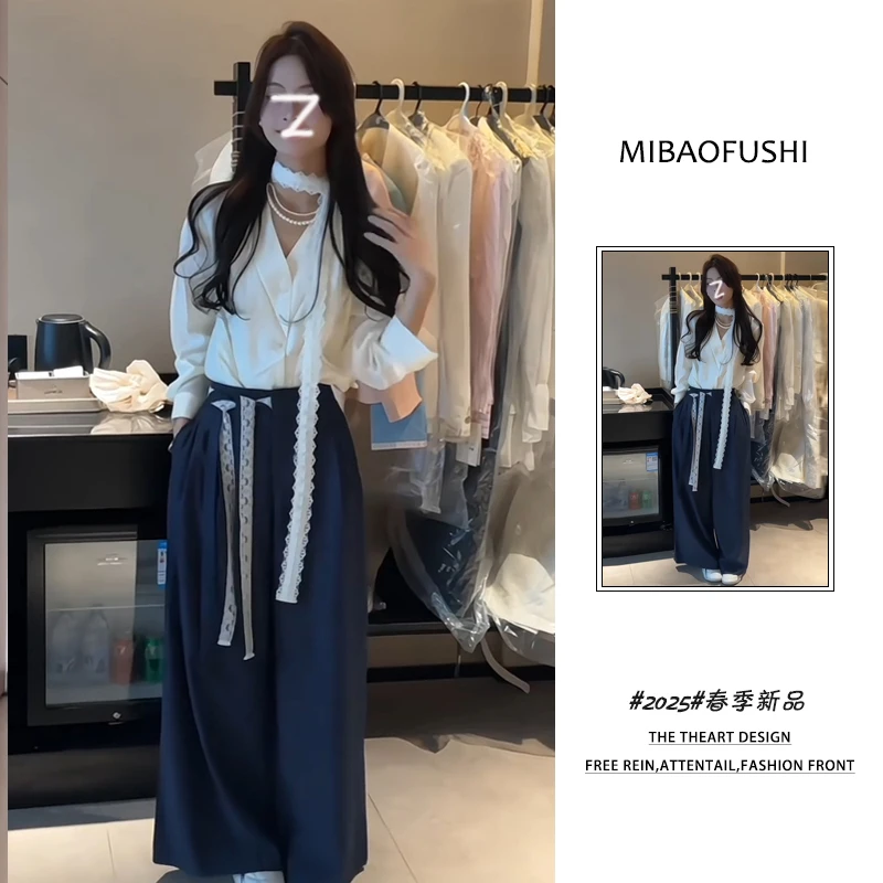 春季一整套女装2025年新款韩系时尚穿搭蕾丝系带衬衫阔腿裤两件套