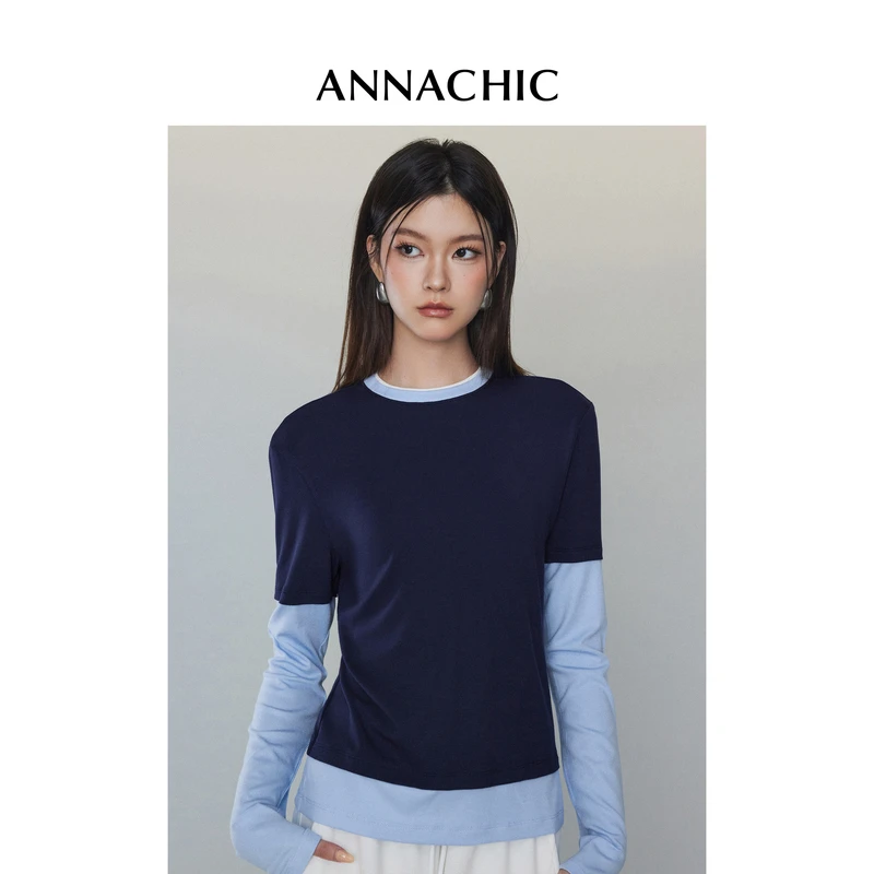 ANNACHIC假两件撞色长袖内搭打底衫女春季新款T恤设计感圆领上衣