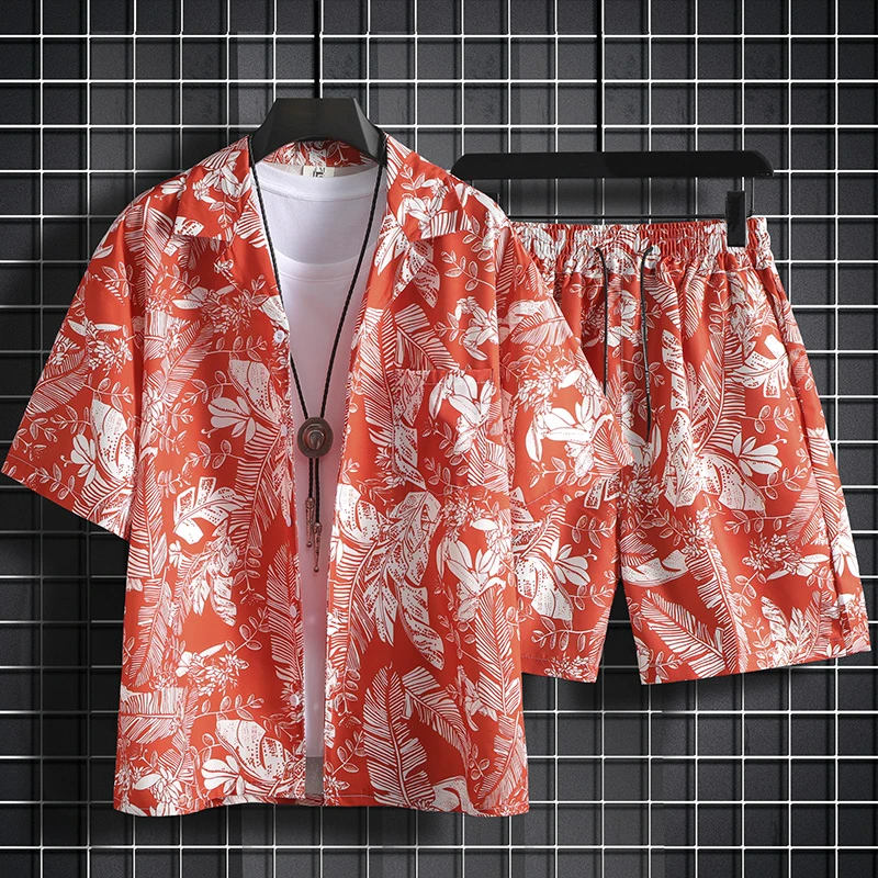 痞帅沙滩衬衫男套装夏季冰丝凉感短袖短裤两件套青少年休闲衬衣服