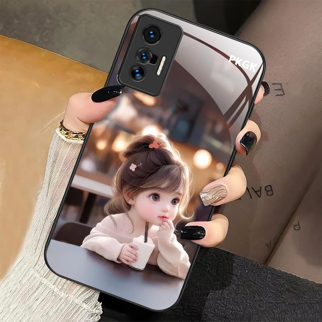 适用【vivo X70】喝茶女孩液态玻璃手机壳 超薄防摔刮 网红时尚