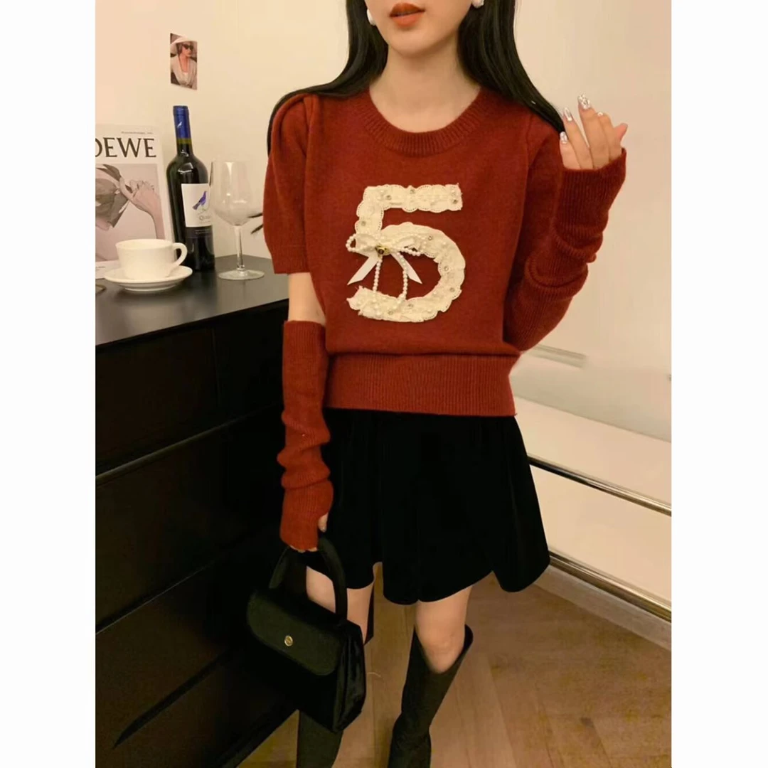 数字五拼接袖小香风细闪毛衣女秋季新款辣妹套头袖套针织衫法式