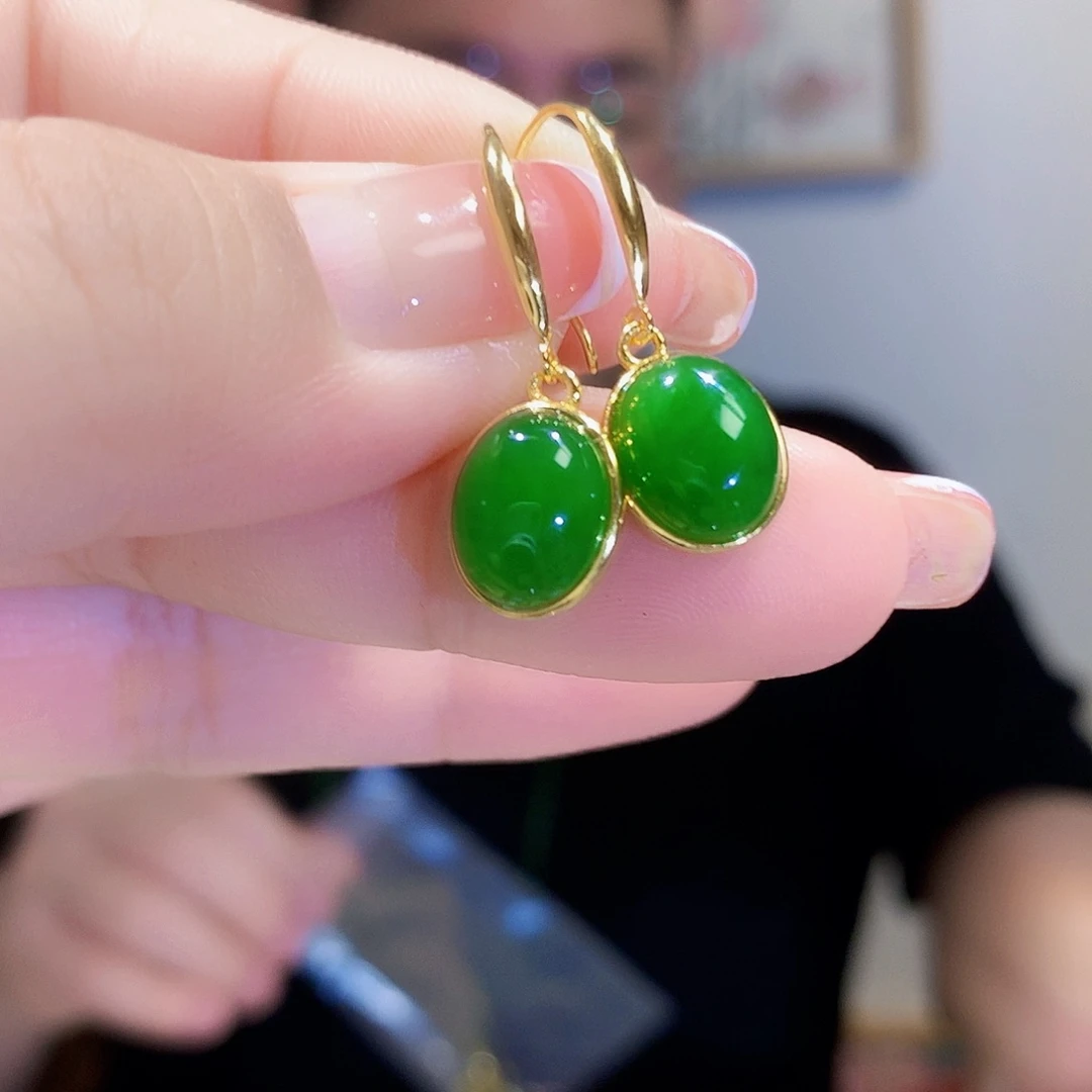 和田玉（碧玉）耳饰银S925镀金镶嵌