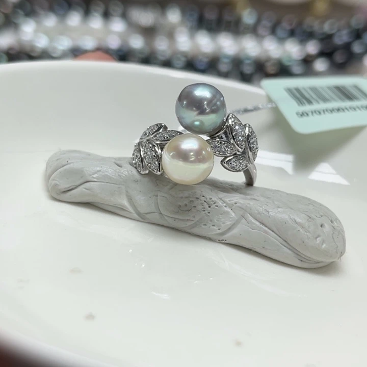 银S925镶嵌戒指海水珍珠AK双珠8-9m 147号