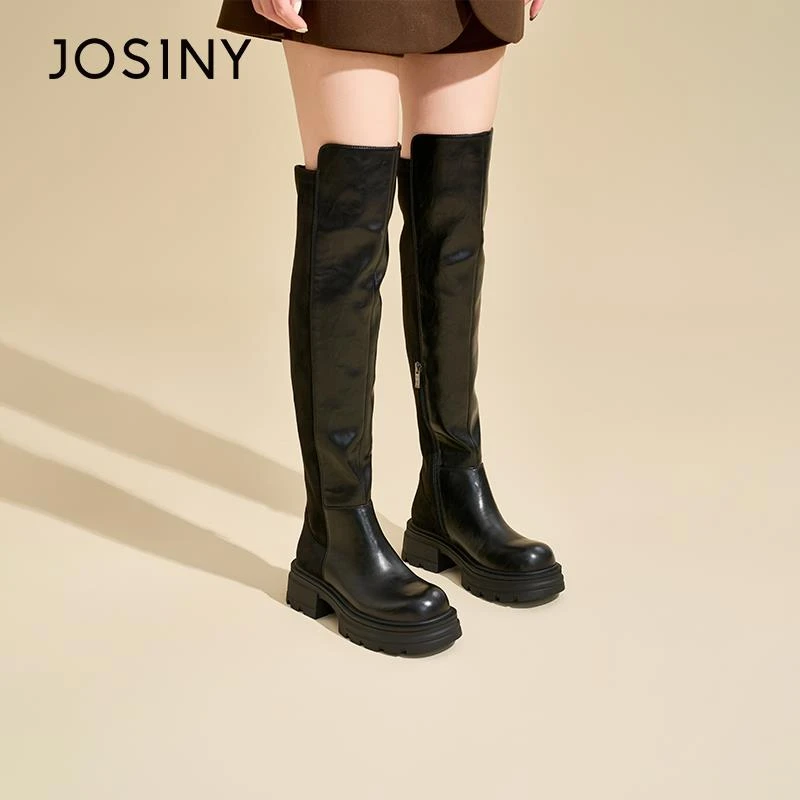 卓诗尼过膝长筒靴女加绒女靴2025新款冬季黑色皮靴厚底显瘦长靴子
