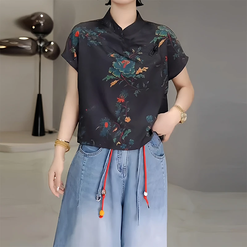 复古国风盘扣印花短袖衬衫女夏季新中式气质显瘦衬衣宽松立领上衣