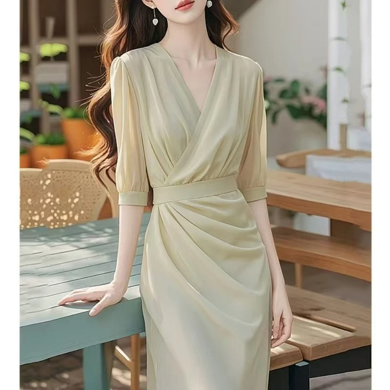 G家商场同款正品夏新款高级感气质灰色V领连衣裙正式场合收腰长裙