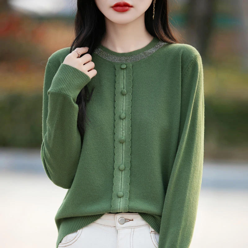 春季新款纯色圆领女士毛衣宽松百搭烫钻打底衫V领薄款针织衫秋冬