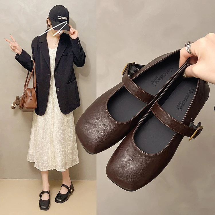 法式气质软皮玛丽珍鞋女2025春夏新款方头复古单鞋平底百搭小皮鞋