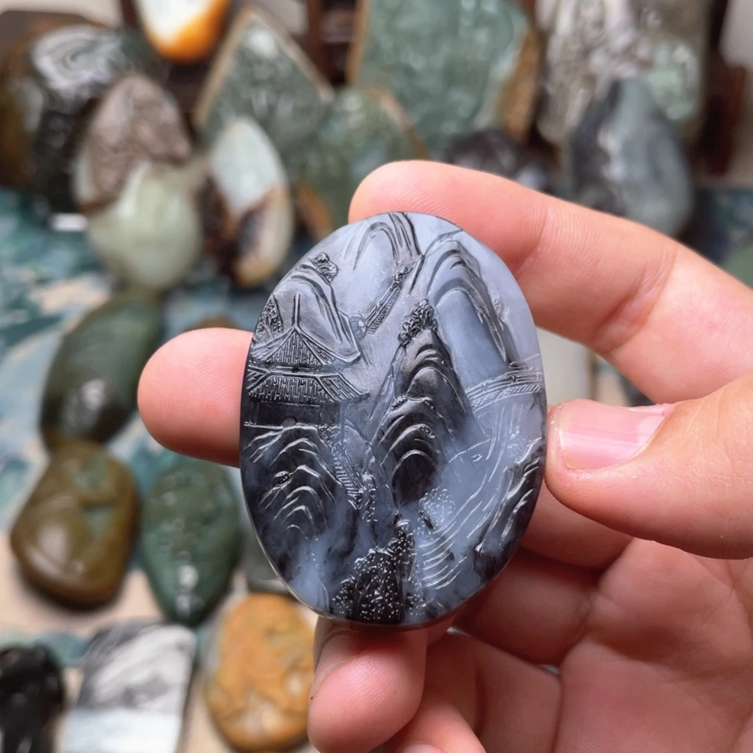 和田玉未镶嵌挂件粤***雨山水