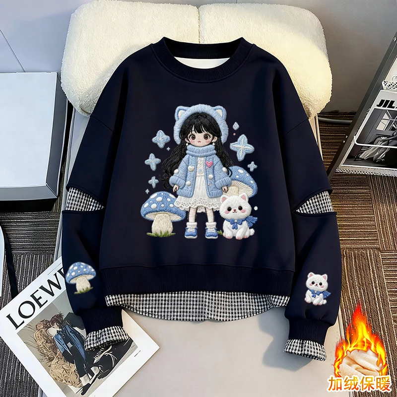 女童2025新款假两件拼接秋冬季保暖加绒洋气时尚中大童百搭卫衣