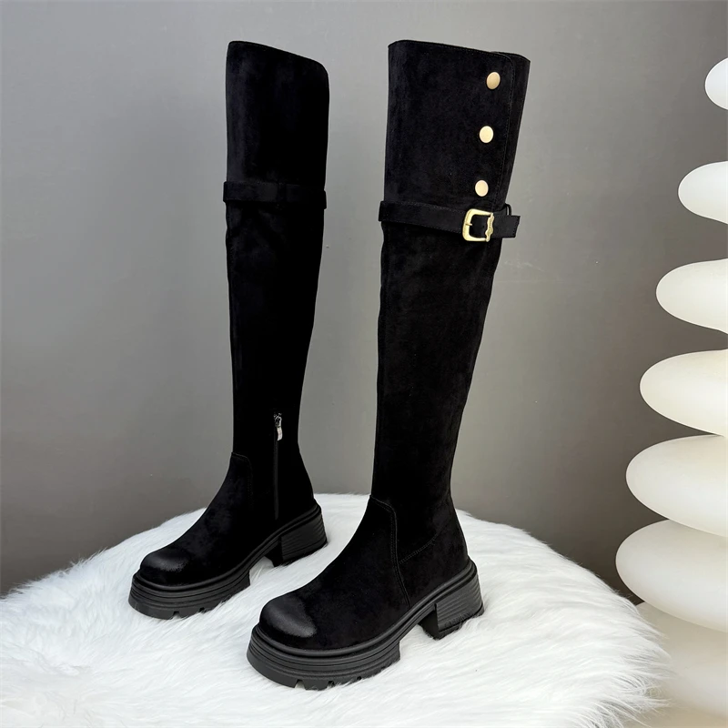 厚底增高过膝骑士靴女2025新款冬季翻毛皮显瘦复古高级感高筒长靴