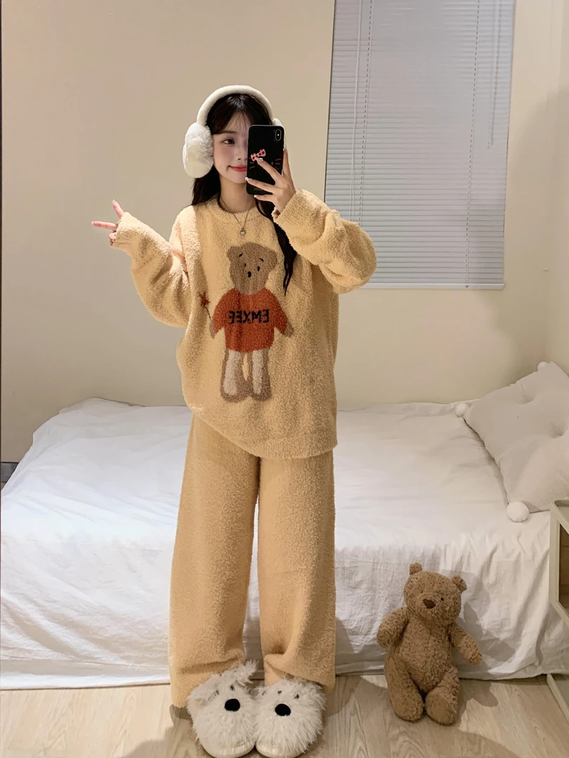 韩版卡通小熊针织设计感半边绒长袖睡衣女秋冬加厚保暖家居服套装