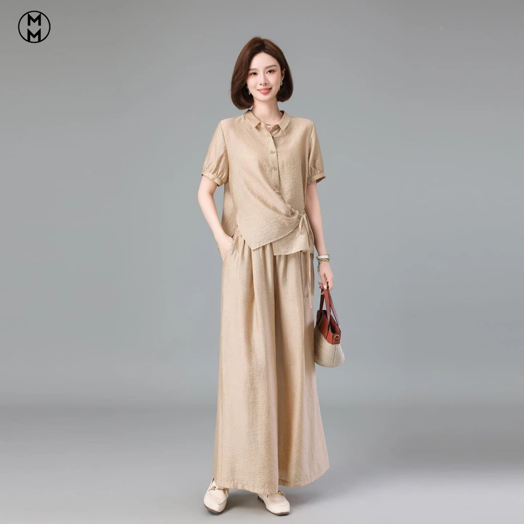 MM高端麻套装女2025夏季新款时尚洋气减龄衬衫休闲阔腿裤两件套