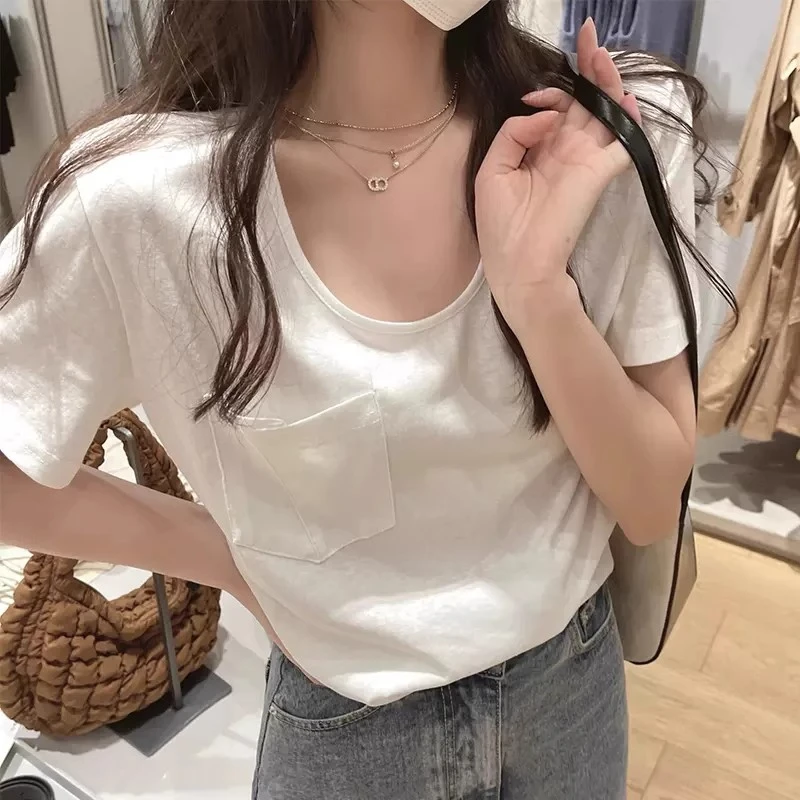 2025夏季爆款韩版口袋T恤女学生雪花棉休闲宽松显瘦打底百搭上衣