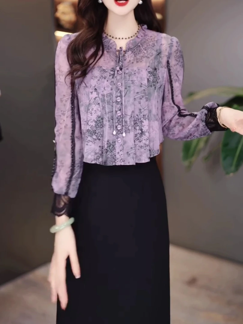 洋气碎花拼接长袖连衣裙韩版遮肚子显瘦气质假两件a字裙