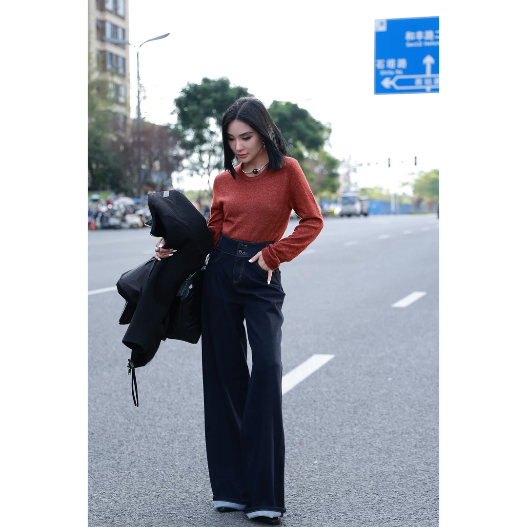 【妙妙精选】HUANGNAJI深蓝休闲时尚气质设计感牛仔裤8682/8648