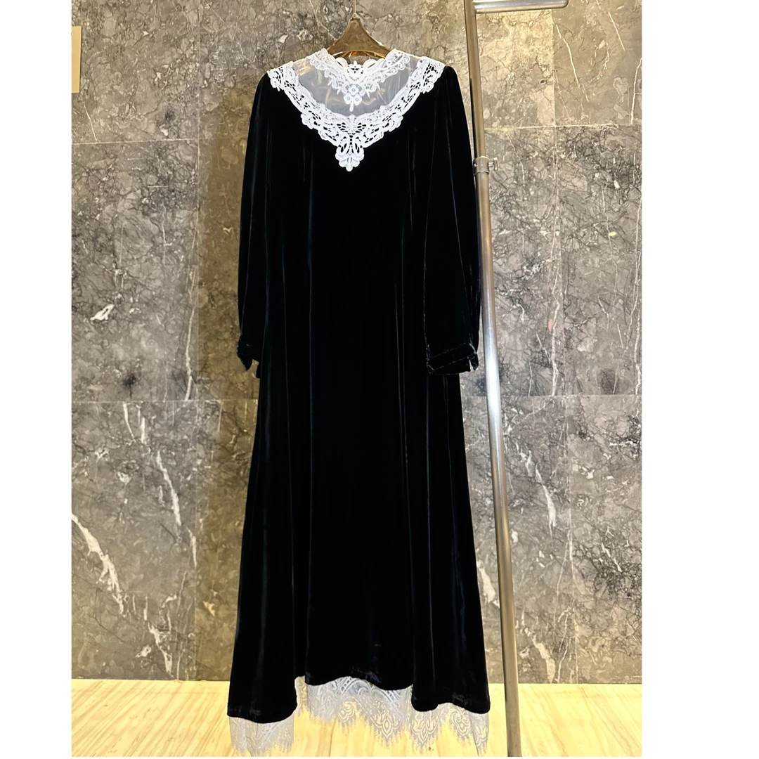 立领蕾丝花边拼接100%桑蚕丝真丝丝绒新中式修身显瘦法式长连衣裙