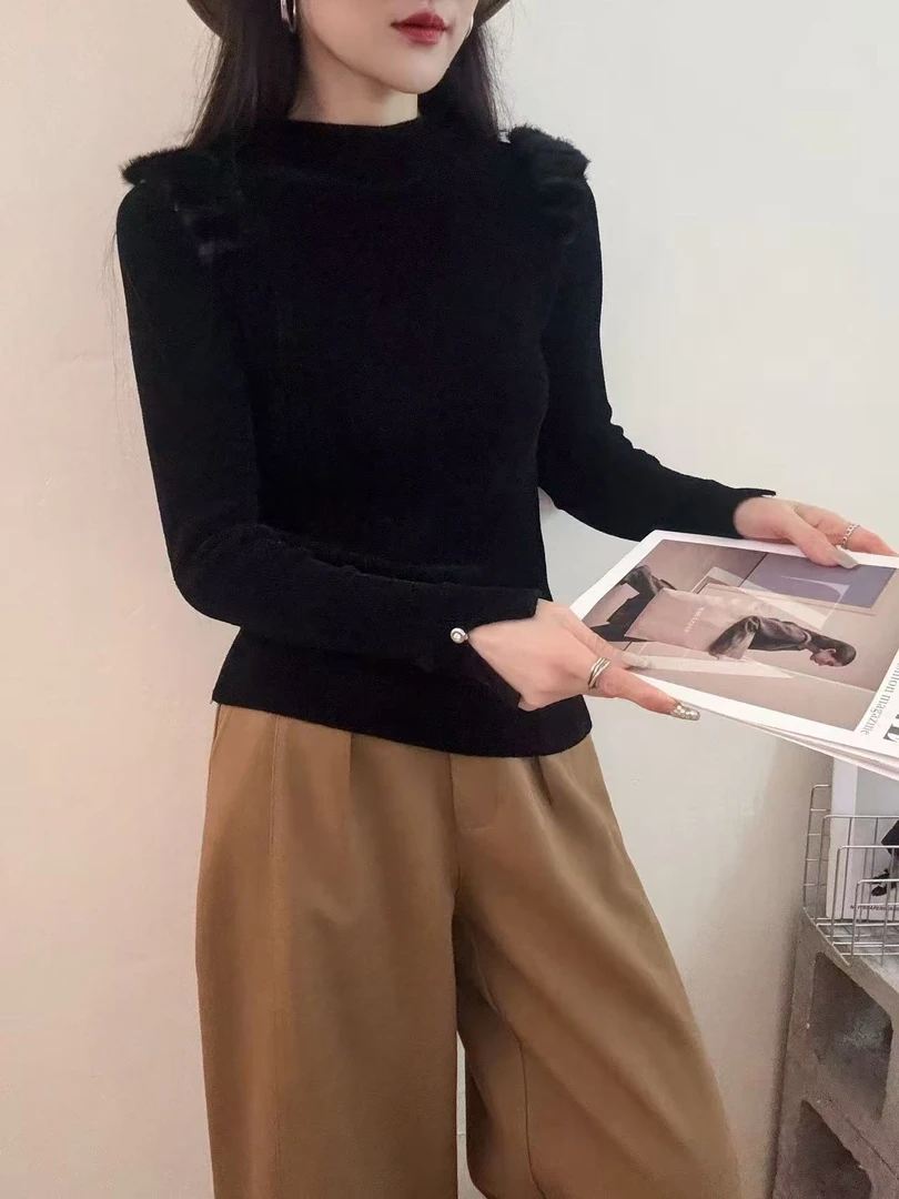 2025天鹅绒常规修身型加绒常规款纯色休闲风百搭长袖针织女士黑色