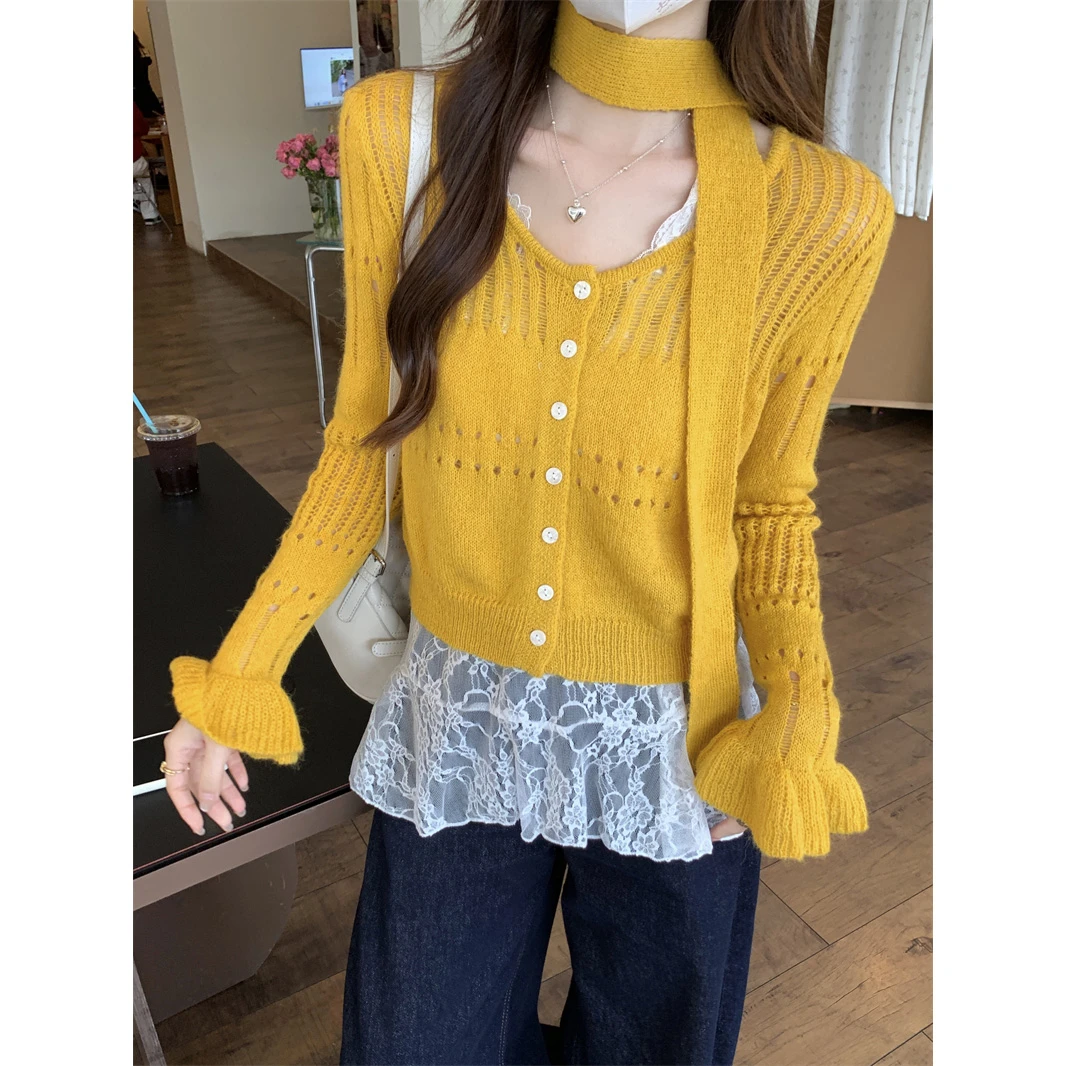 【配飘带】黄色镂空短款毛衣针织开衫早秋穿搭设计感长袖女上衣
