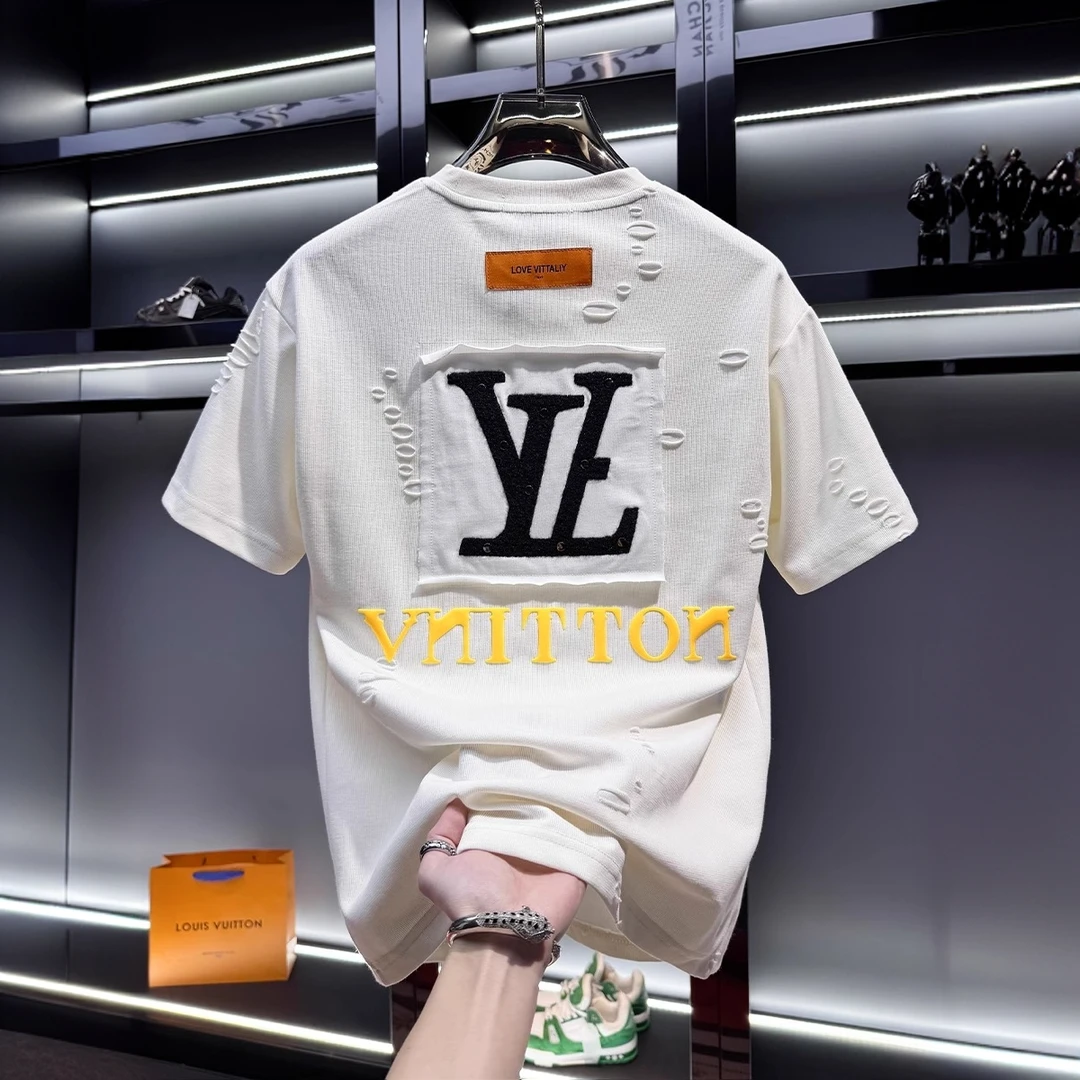 斯里卡琪男士休闲高端破洞胶印短袖t恤潮牌时尚新款夏季半袖男