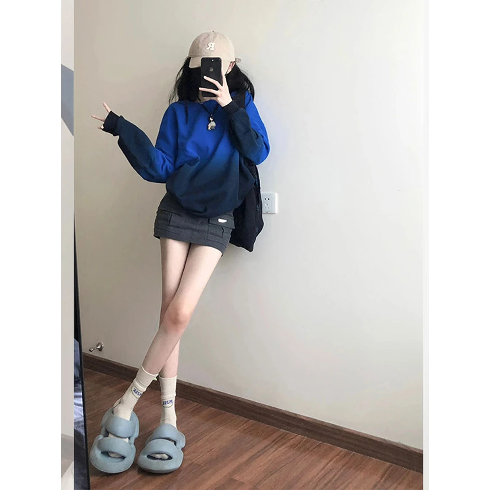 美式渐变圆领卫衣女春秋薄款韩版宽松oversize慵懒风中长款上衣潮