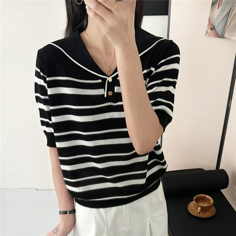 【气质海军领】条纹套头冰丝针织衫女短袖T恤宽松百搭时尚韩版减龄