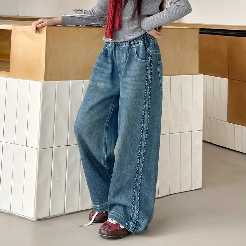 韩国童装女童牛仔裤2025新款儿童简约百搭阔腿裤秋季直筒裤春秋装