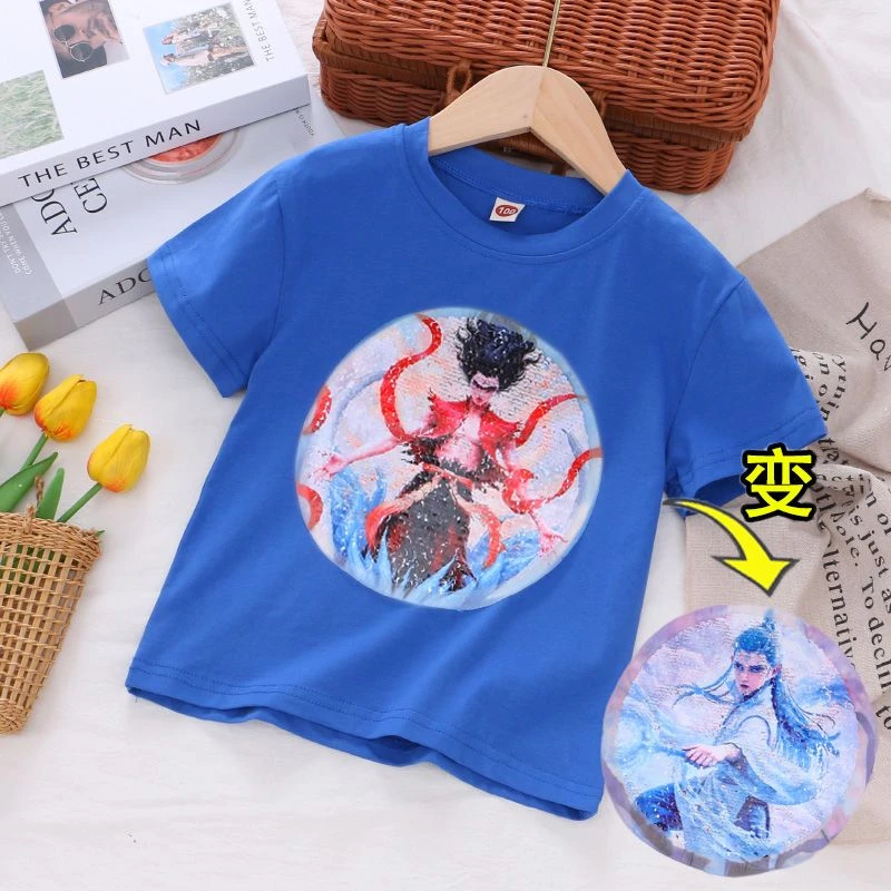 童装夏季新款哪吒短袖男童变色亮片短袖T恤宝宝敖丙哪吒儿童服装